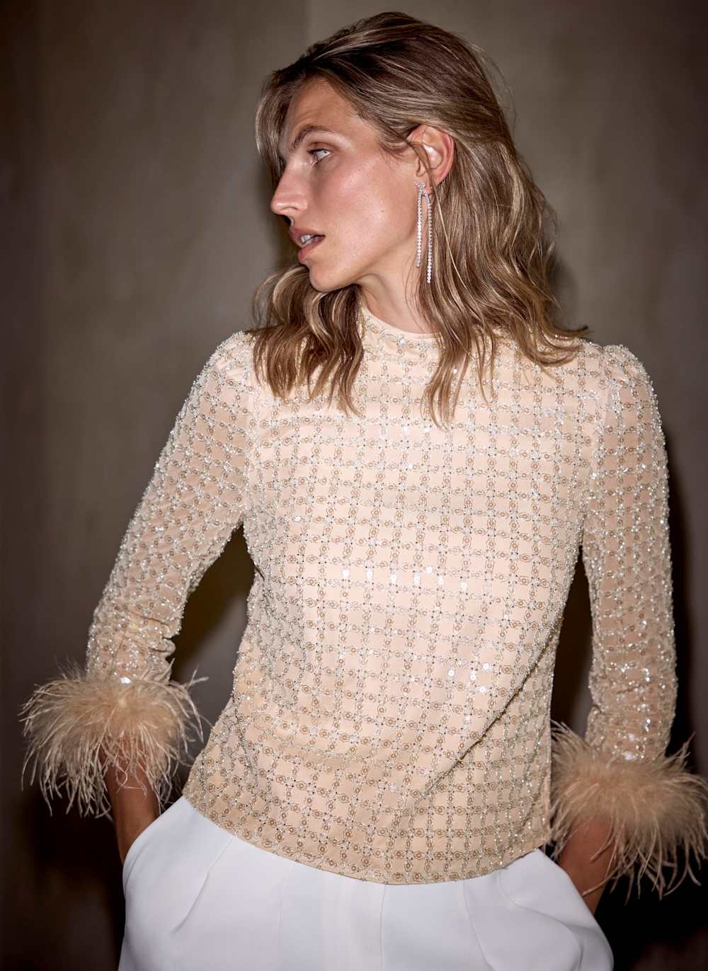 Pink Embellished Feather Trim Top