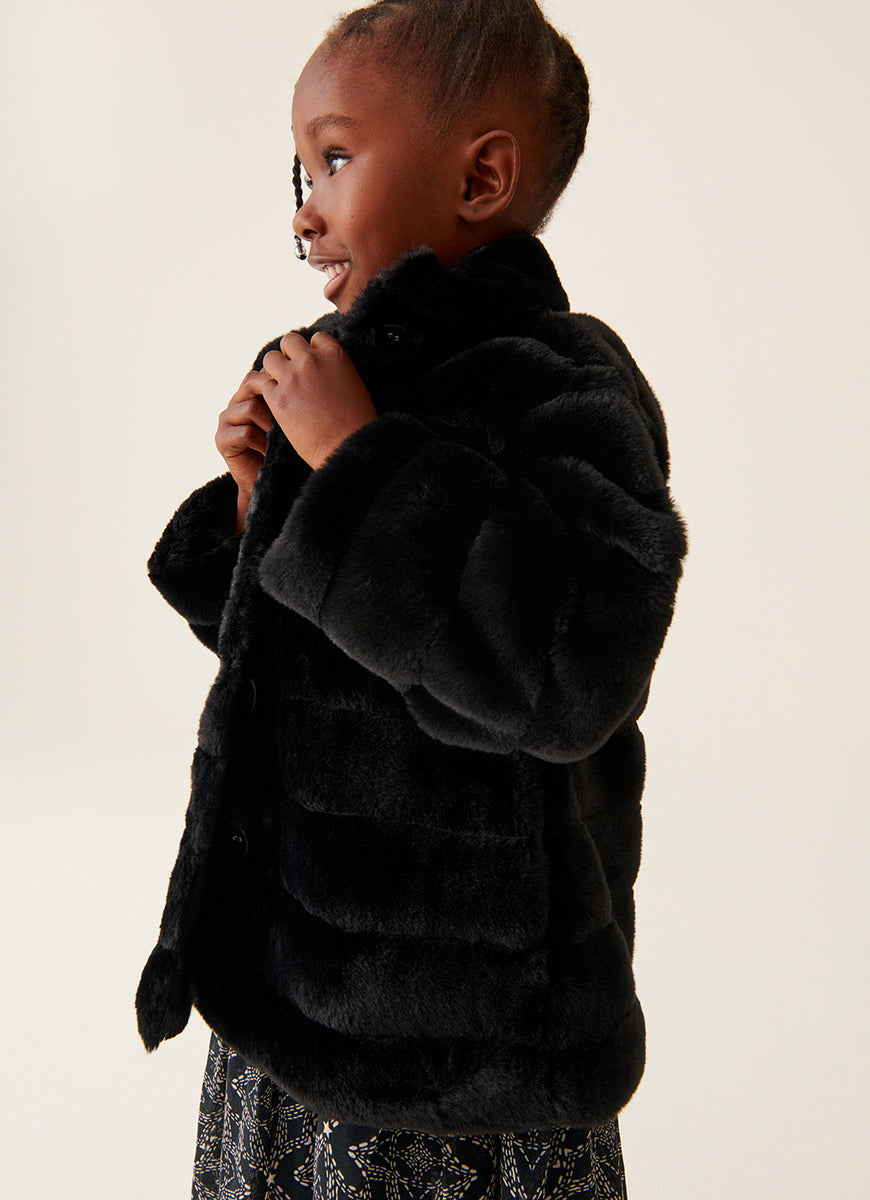 girls black faux fur coat