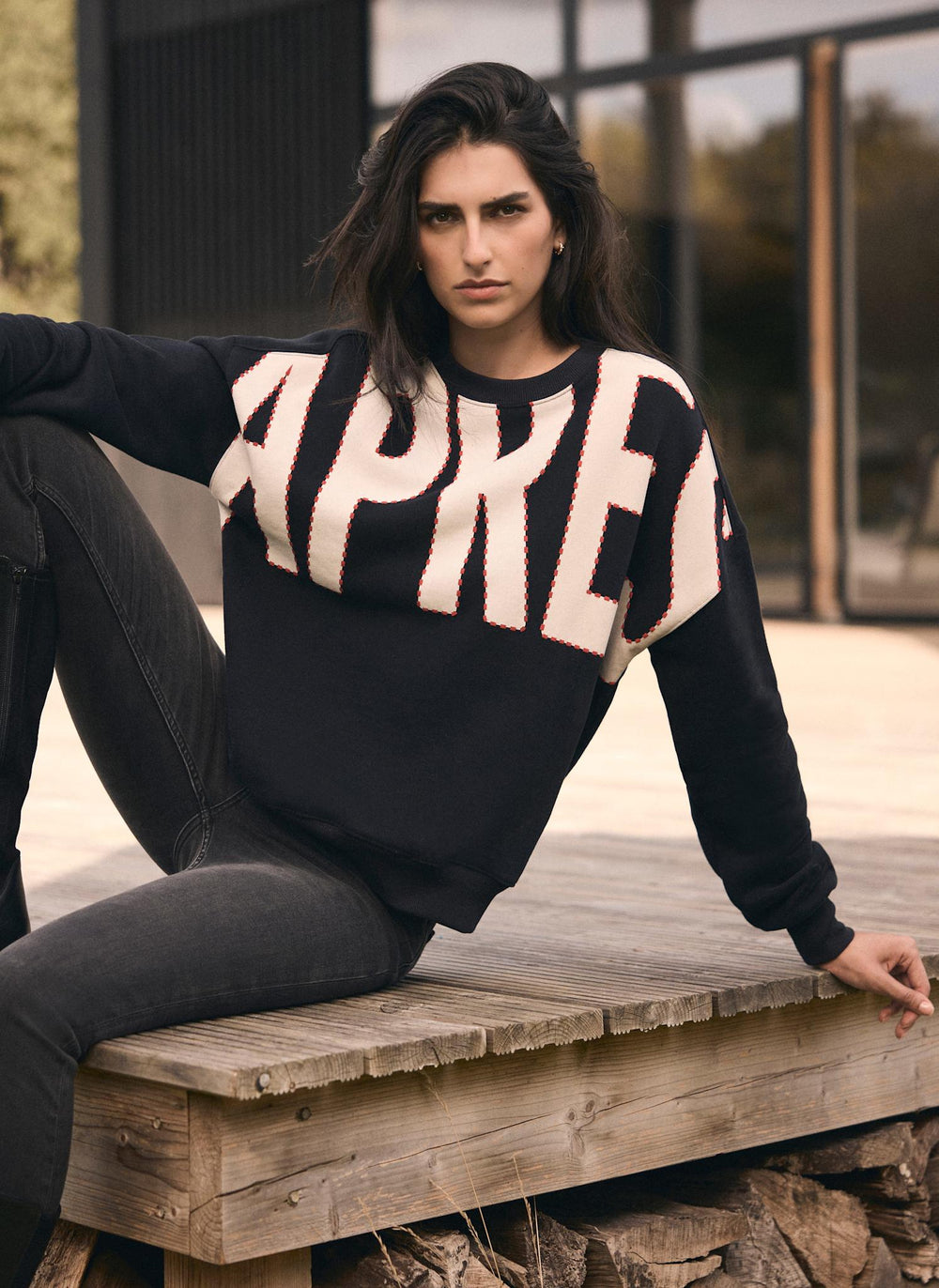 Black Cotton Blend Graphic Apres Sweatshirt