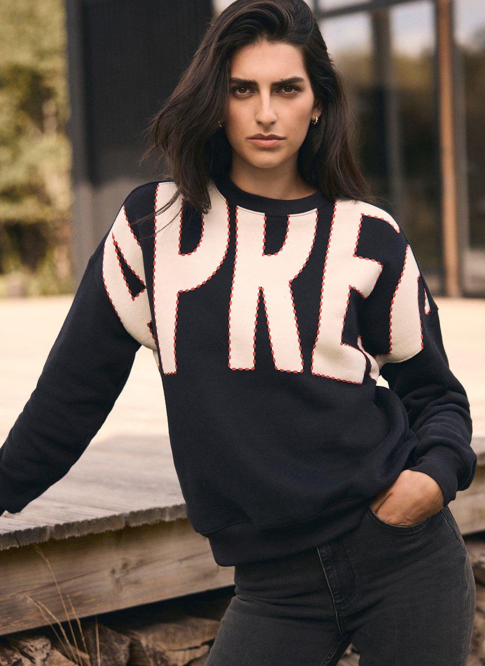 Black Cotton Blend Graphic Apres Sweatshirt