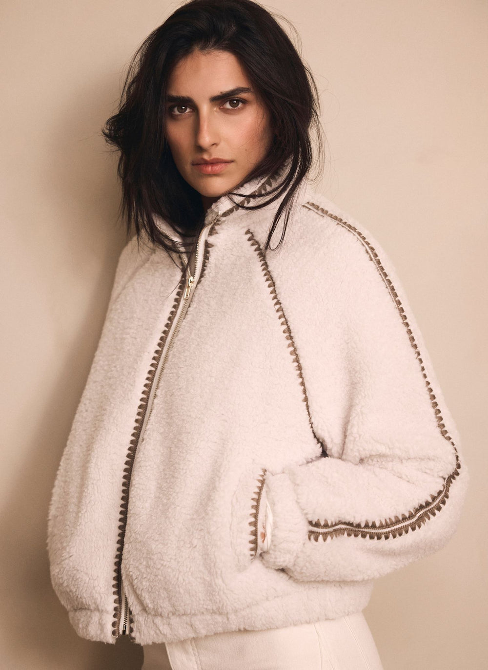 Cream Whipstitch Detail Borg Jacket