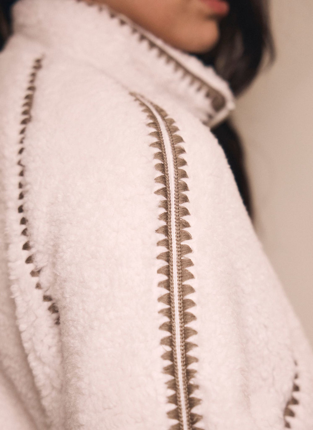 Cream Whipstitch Detail Borg Jacket