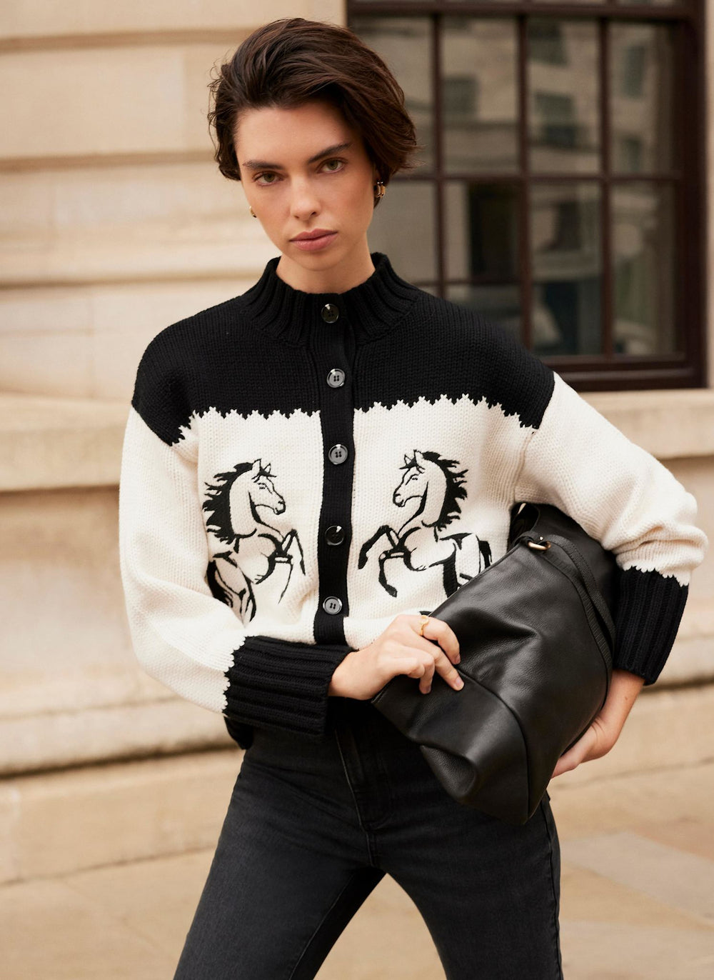 Black Cotton Blend Horse Cardigan