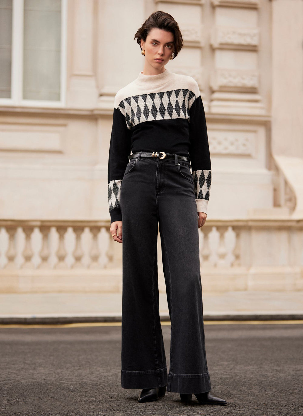 Neutral and Black Cotton Blend Graphic Jumper