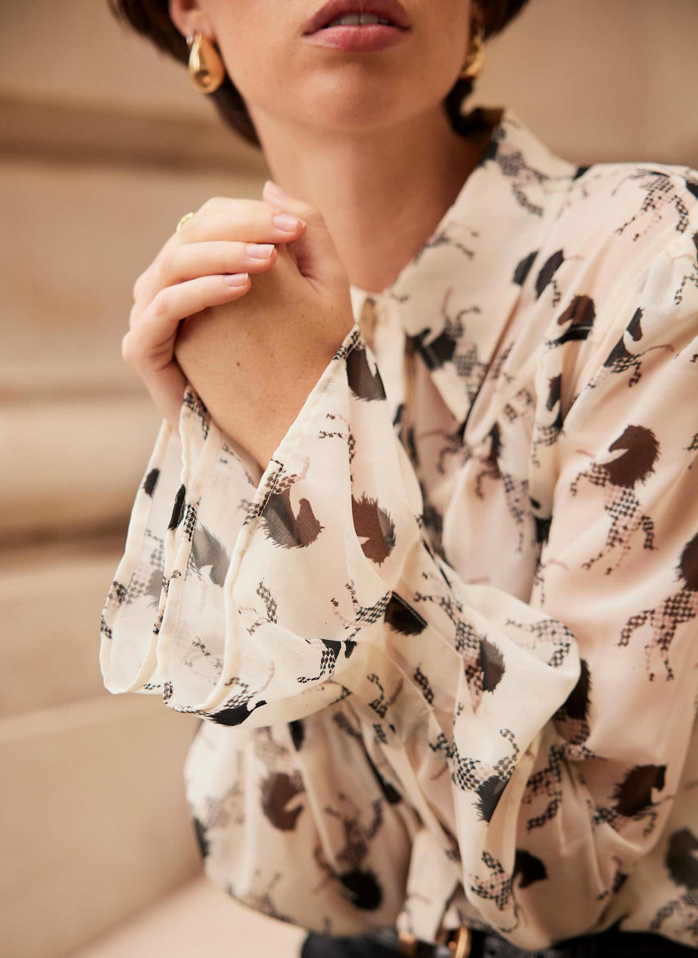 Cream Horse Print Sheer Blouse