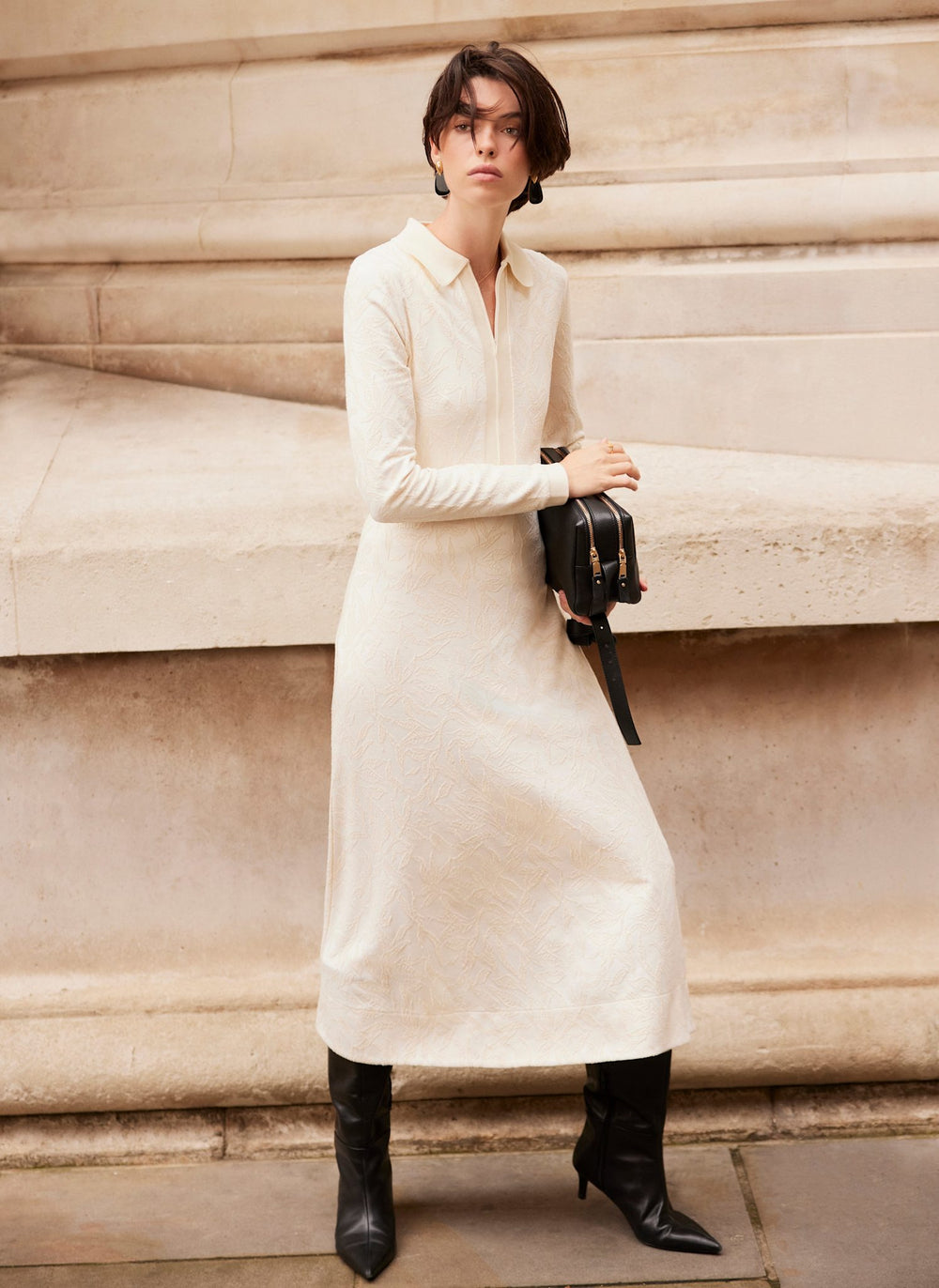 Cream Jacquard Print Midi Dress