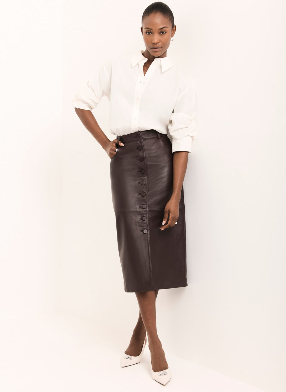 Burgundy Leather Midi Skirt