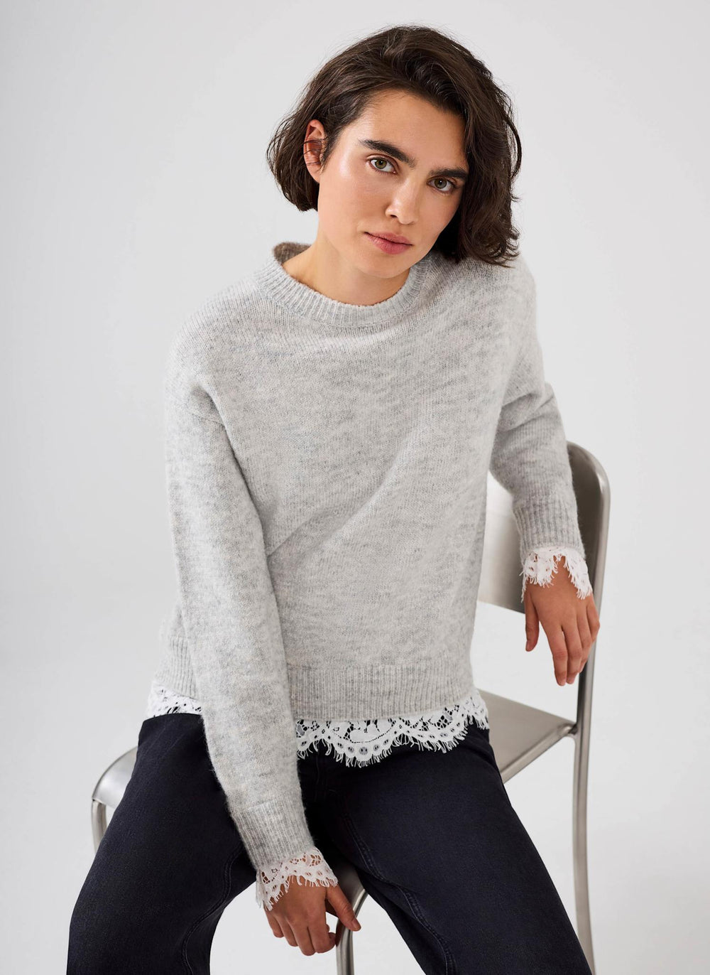 Grey Lace Detail Wool Blend Jumper