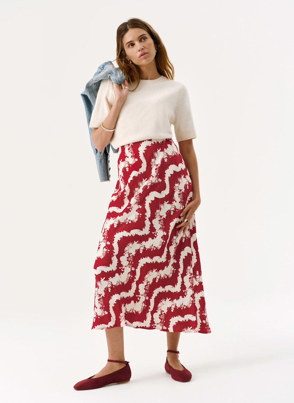 Red Wavy Print Slip Skirt