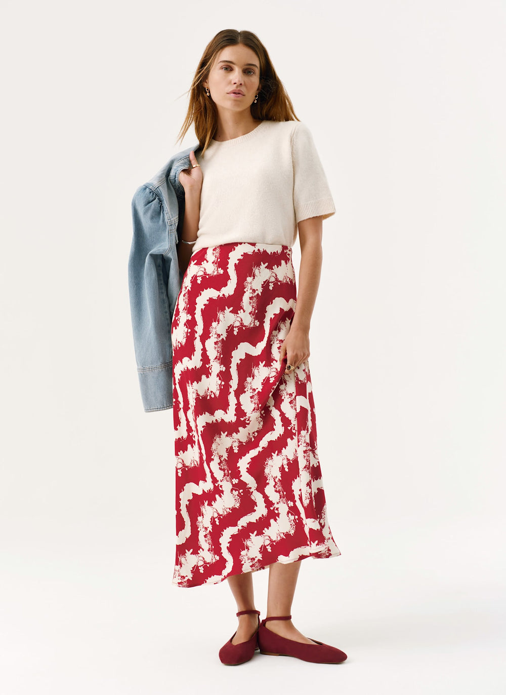 Red Wavy Print Slip Skirt