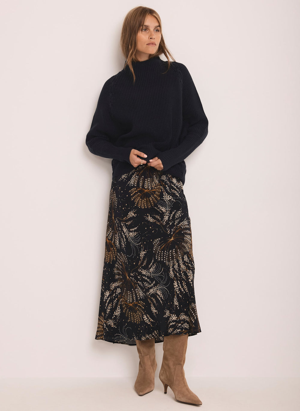 Navy Printed Slip Midi Skirt