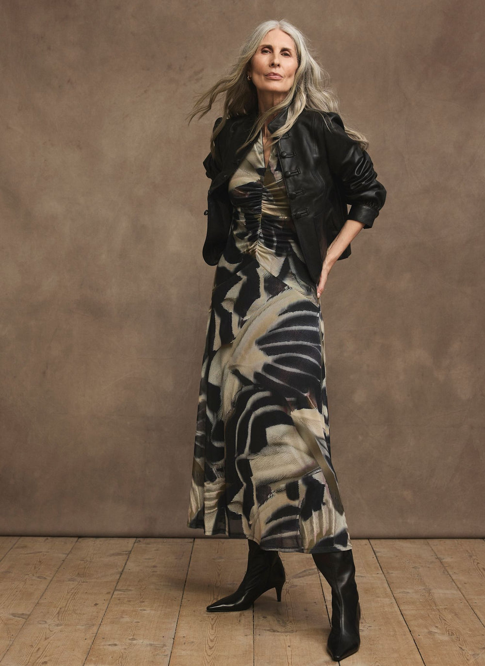 Black Abstract Print Mesh Midi Dress