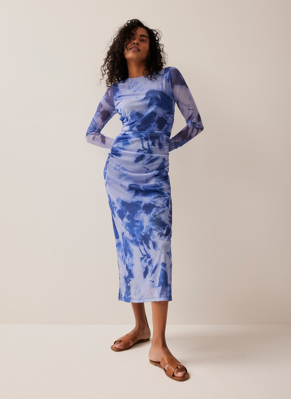 Blue Abstract Print Mesh Midi Dress