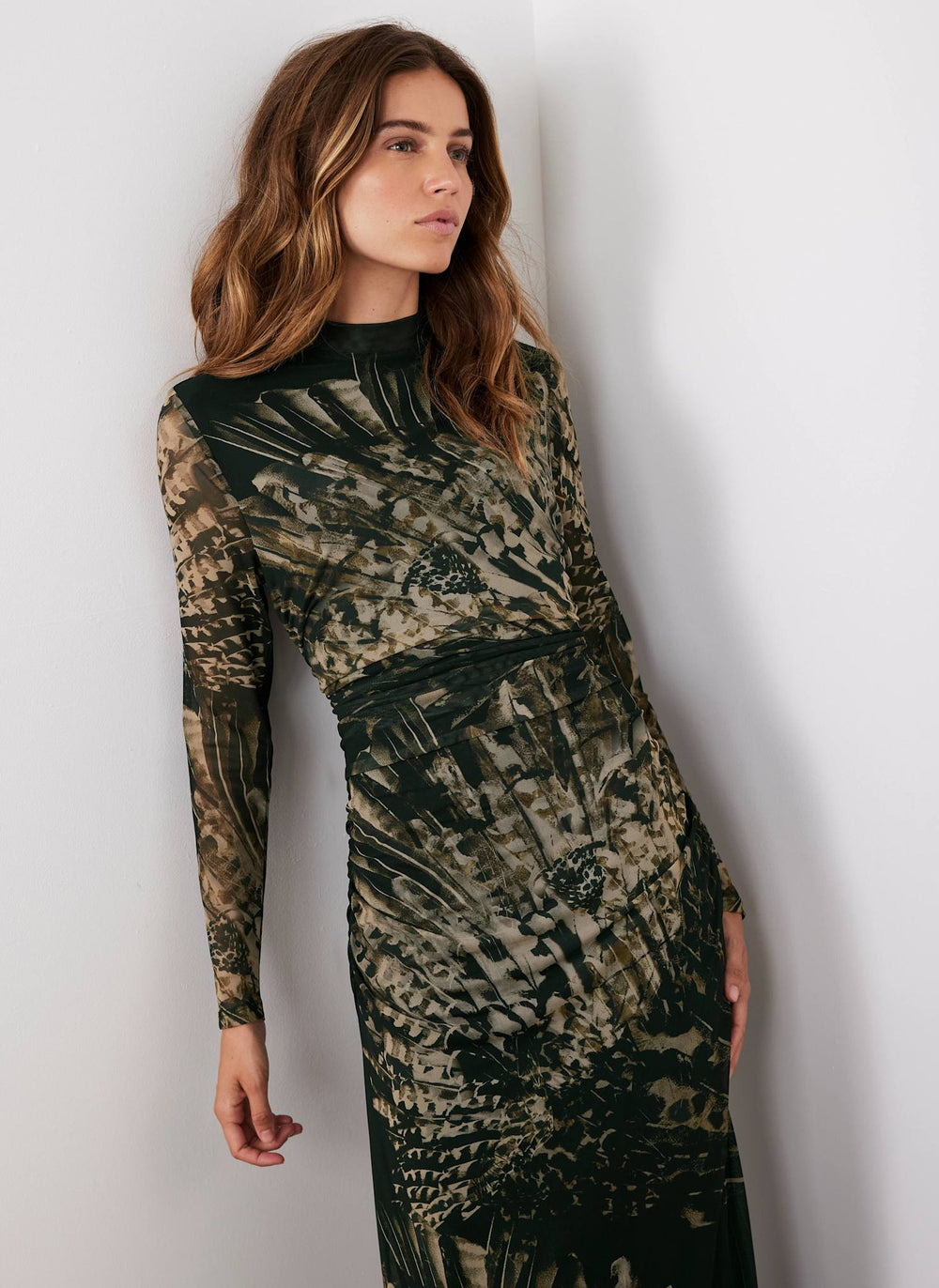 Black Feather Print Mesh Midi Dress