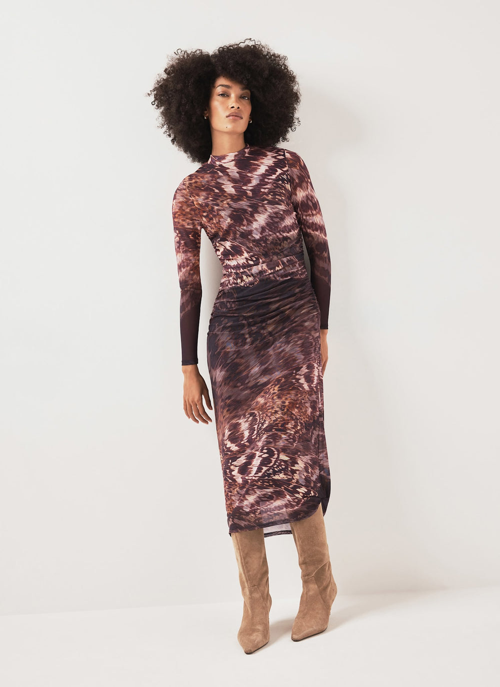 Burgundy Abstract Print Mesh Midi Dress