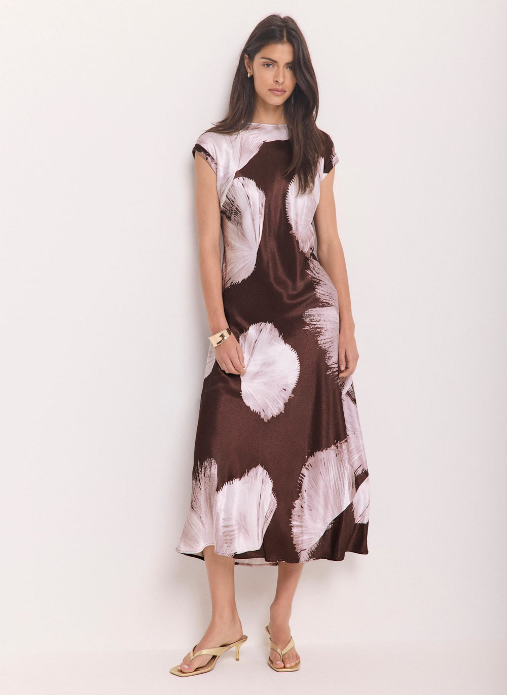 Brown Satin Abstract Print Midi Dress