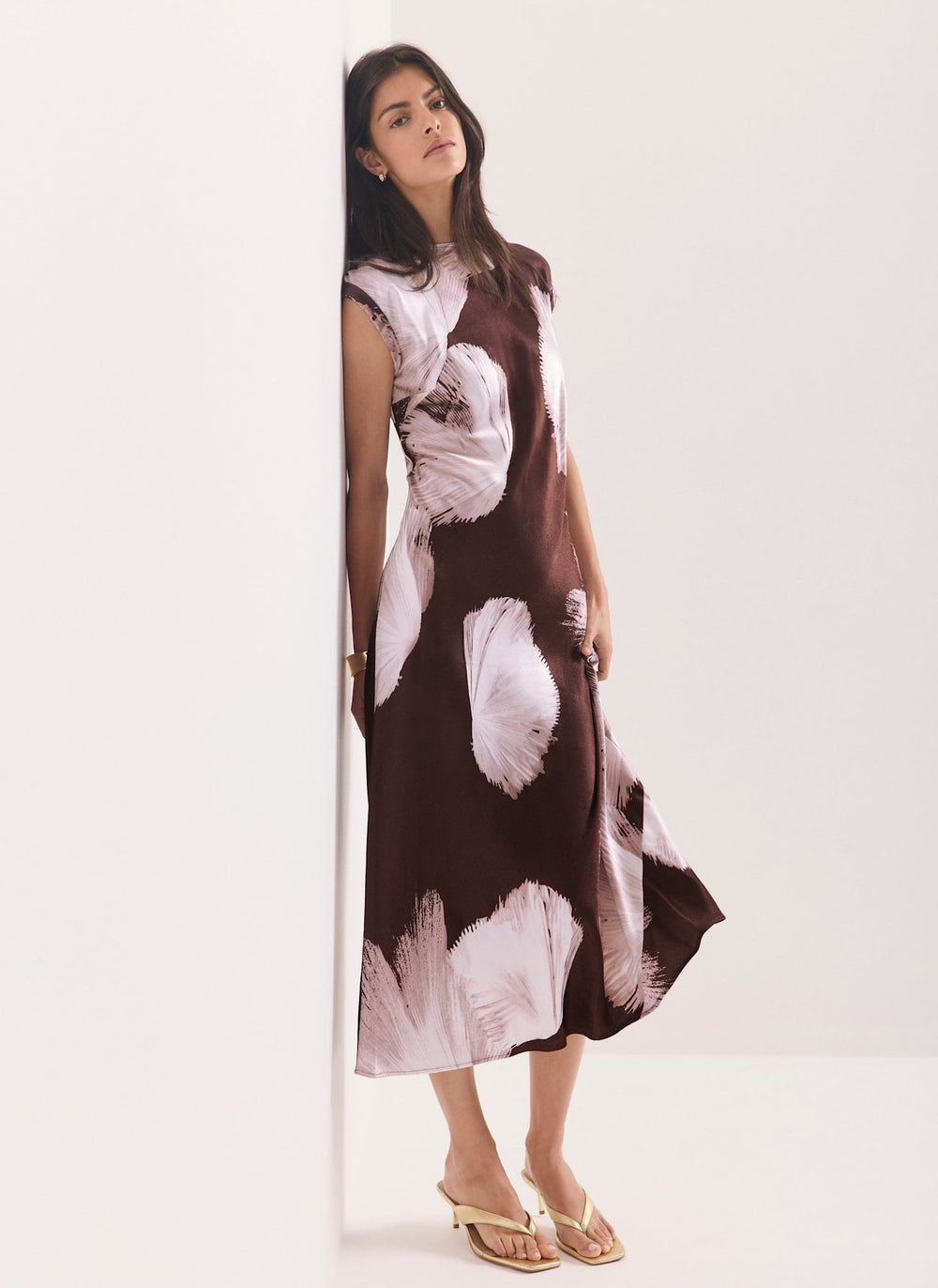 Brown Satin Abstract Print Midi Dress