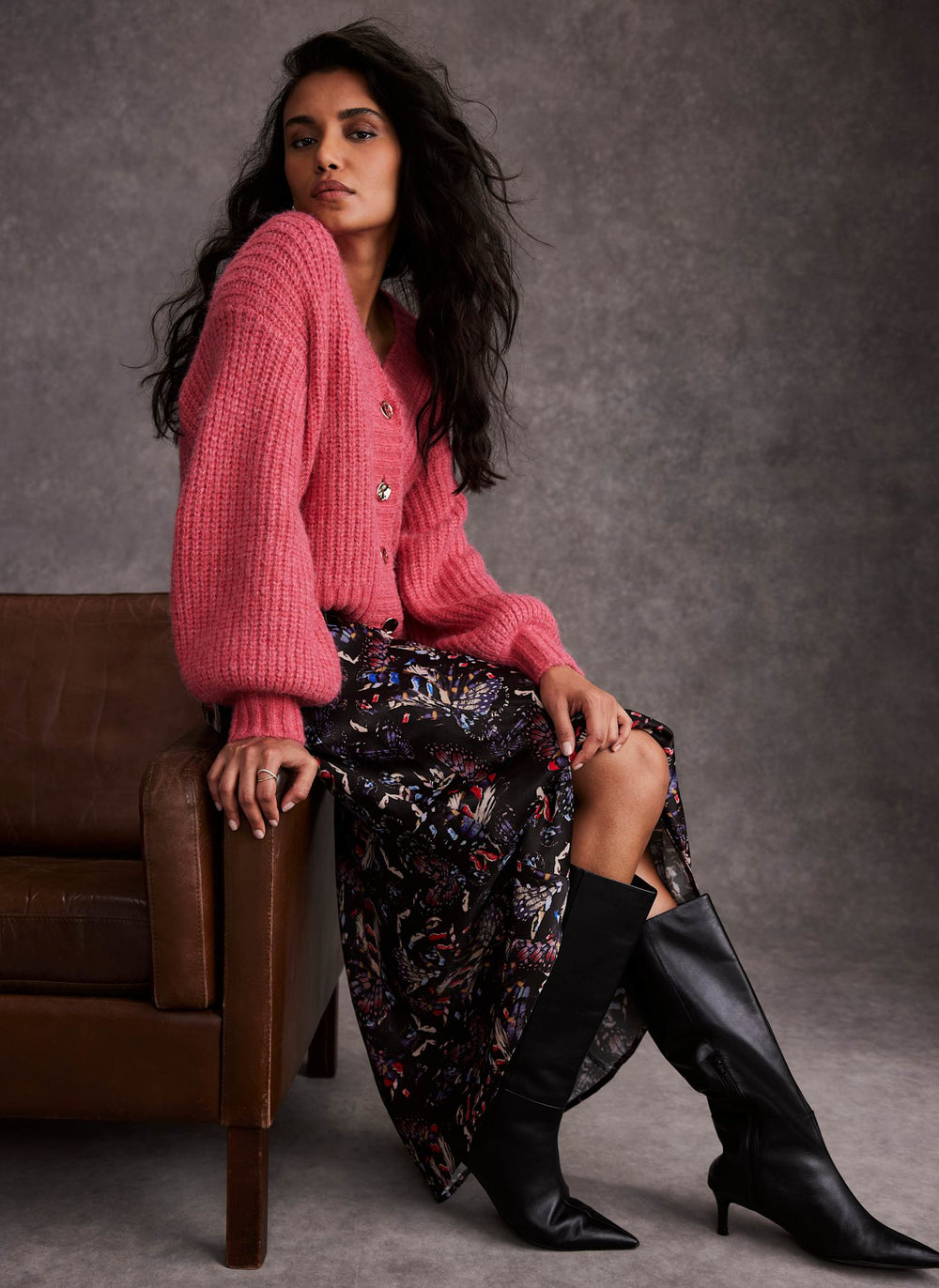 Black Abstract Print Satin Midi Slip Skirt