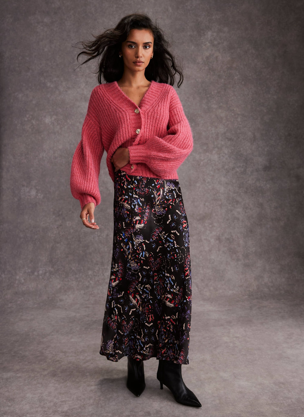 Black Abstract Print Satin Midi Slip Skirt