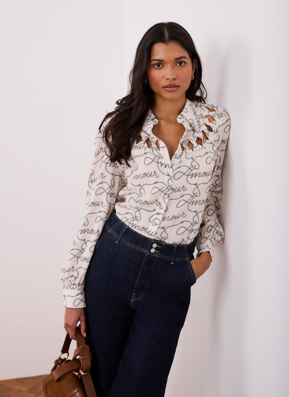 Cream Amour Print Bow Shirt
