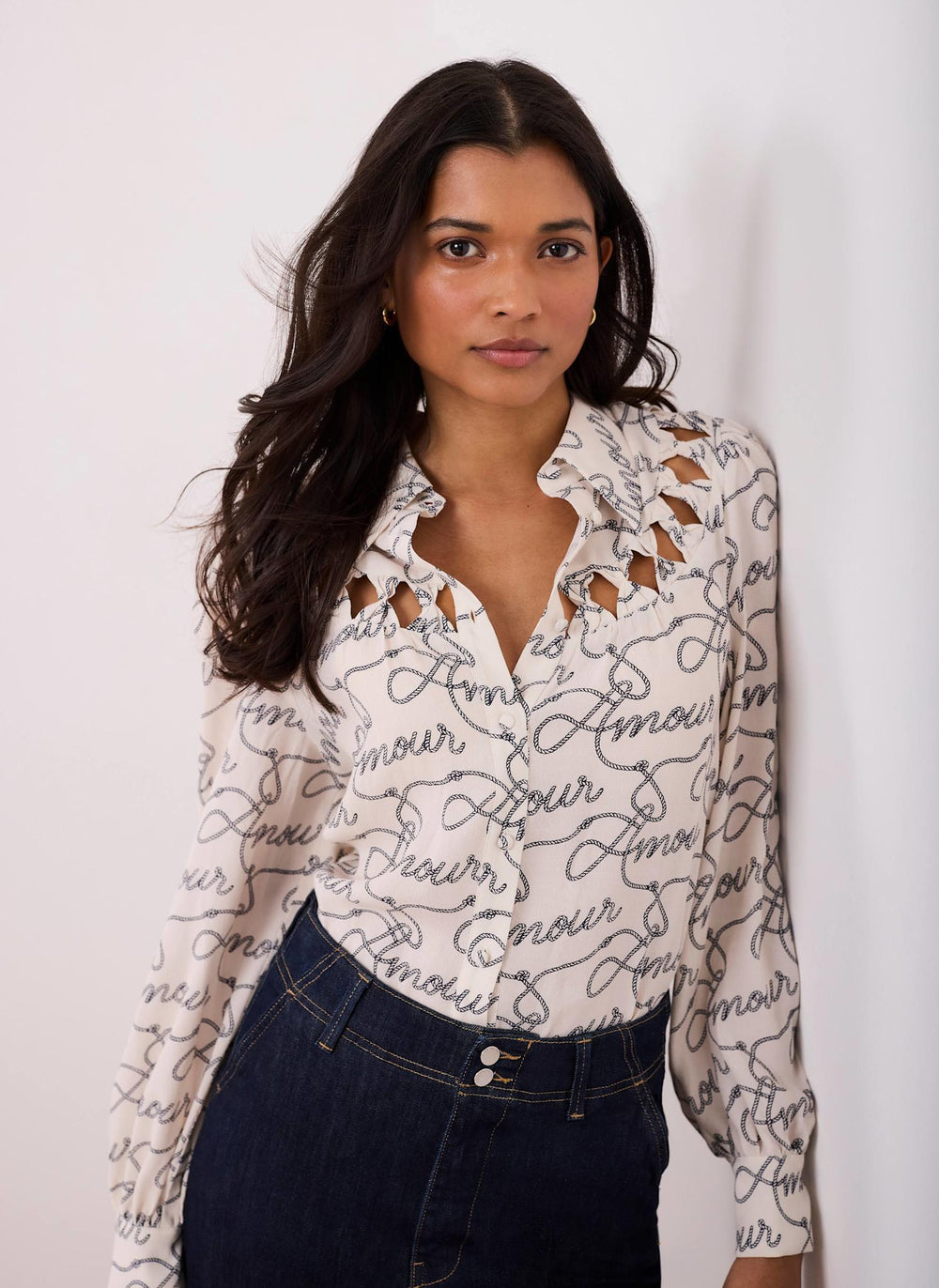 Cream Amour Print Bow Shirt