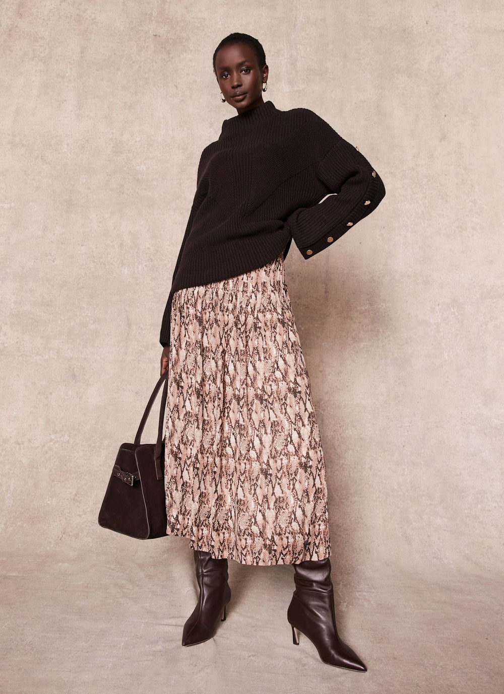 Brown Snake Print Midi Skirt