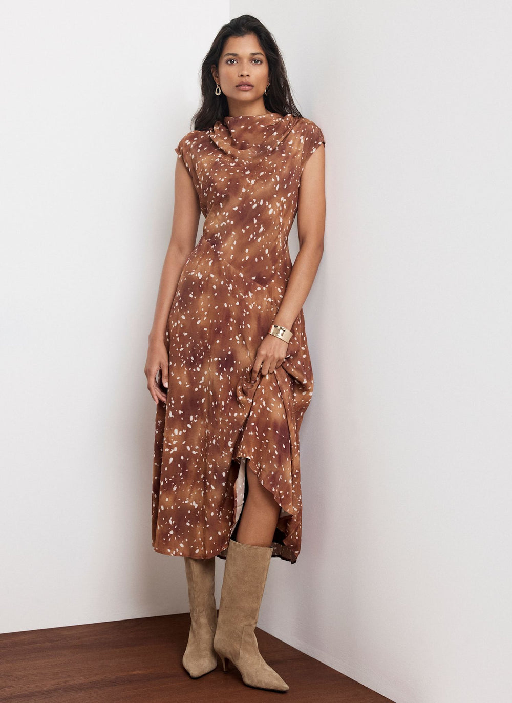 Brown Deer Print Asymmetric Waist Midi Dress