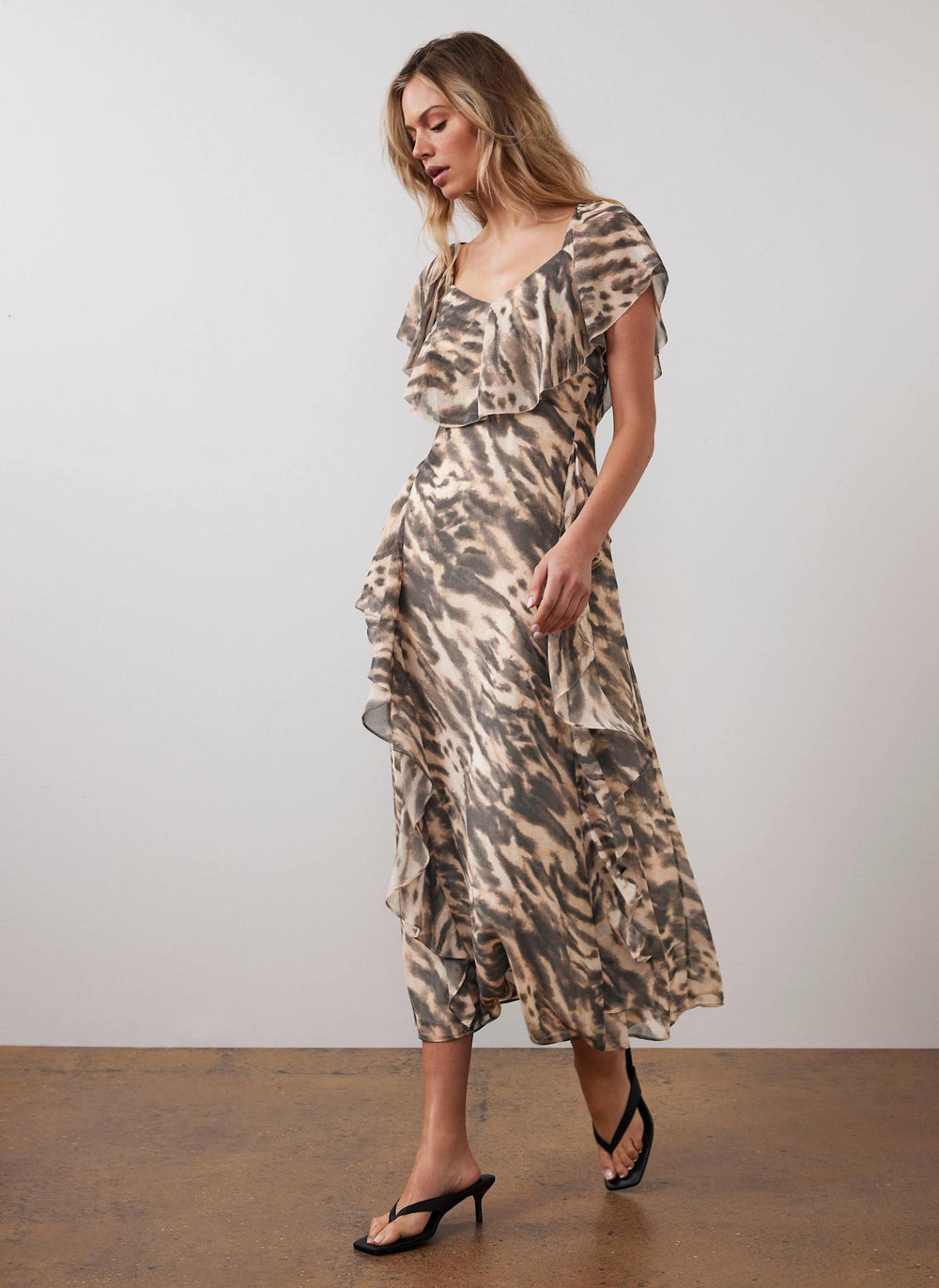 Neutral Print Cape Sleeve Maxi Dress