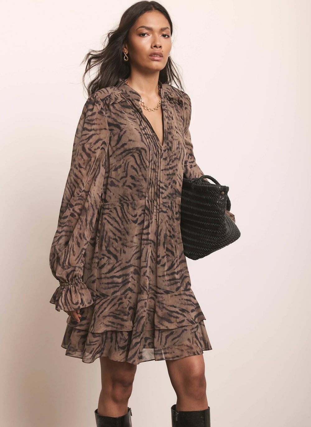 Brown Animal Print Ruffle Mini Dress