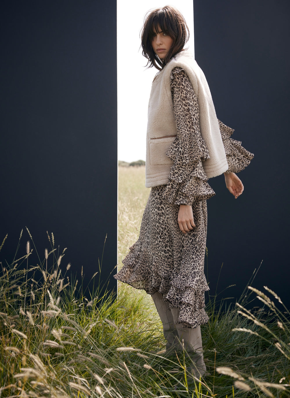 Leopard Print Ruffle Midi Dress