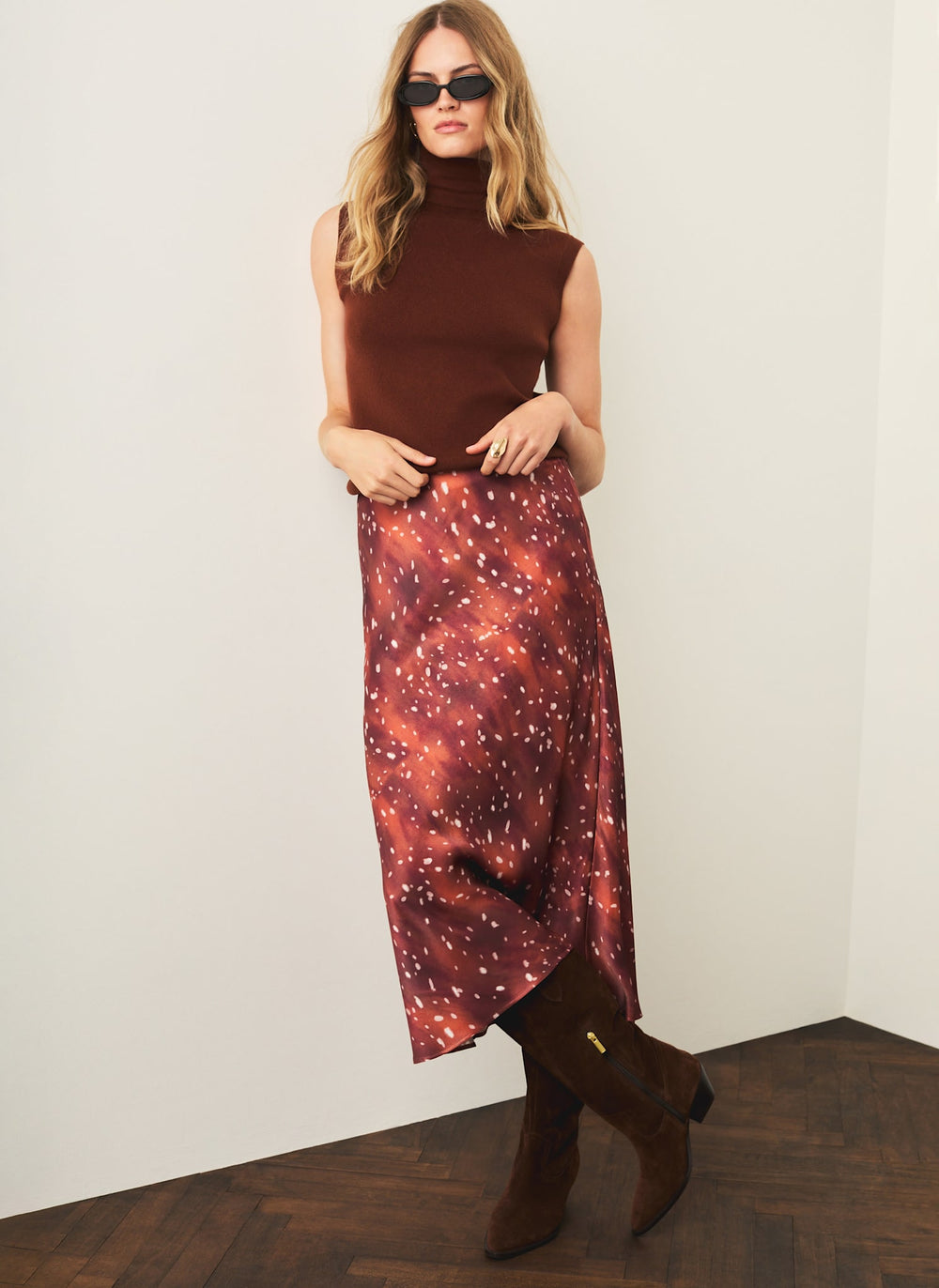 Brown Deer Print Satin Slip Skirt