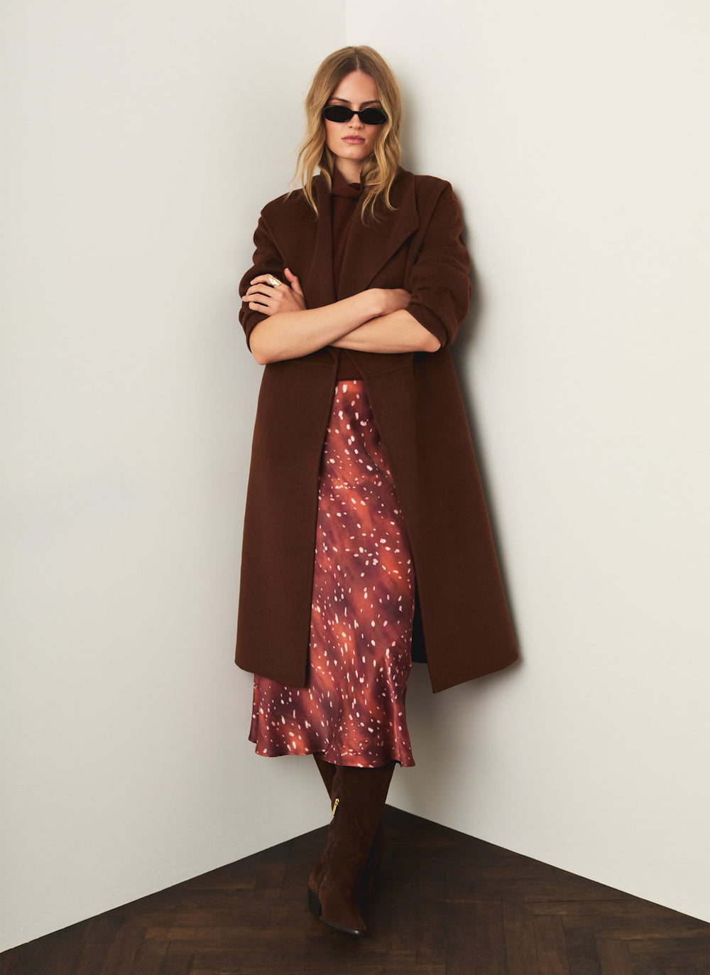 Brown Deer Print Satin Slip Skirt