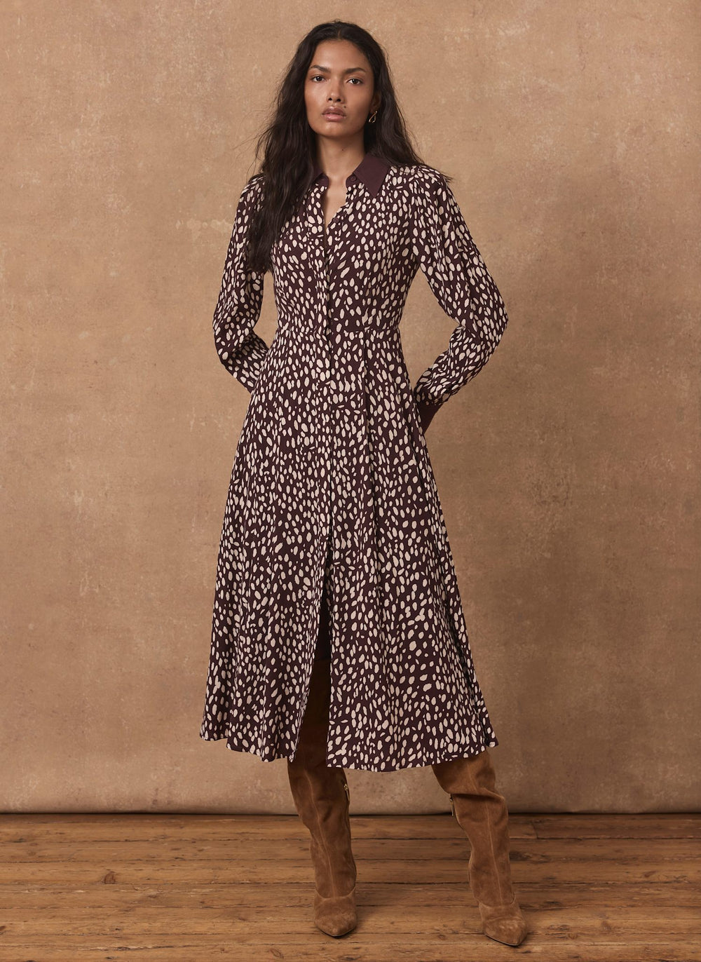 Burgundy Printed Contrast Midi Shirt Dress