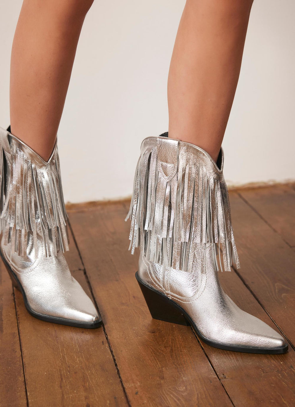 Annie Silver Leather Fringed Cowboy Boots