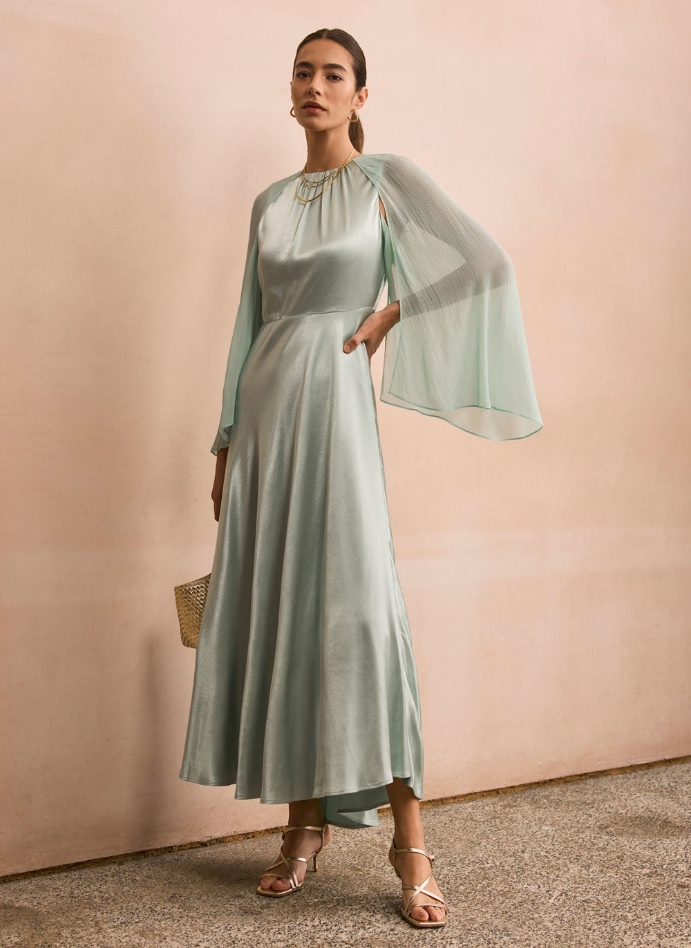 Blue Satin Cape Maxi Dress