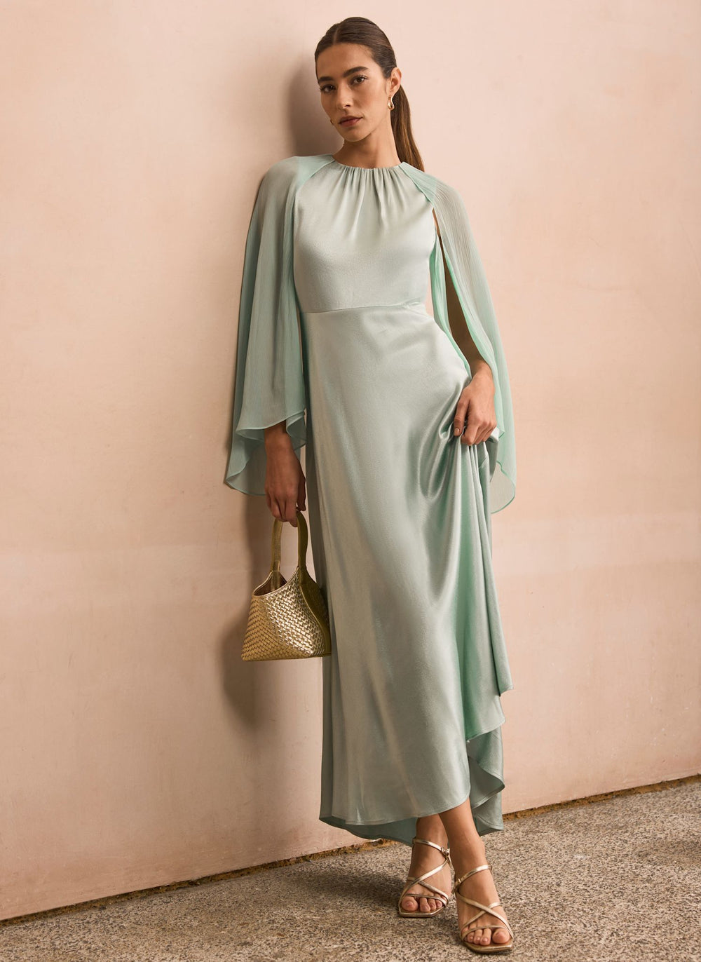 Blue Satin Cape Maxi Dress