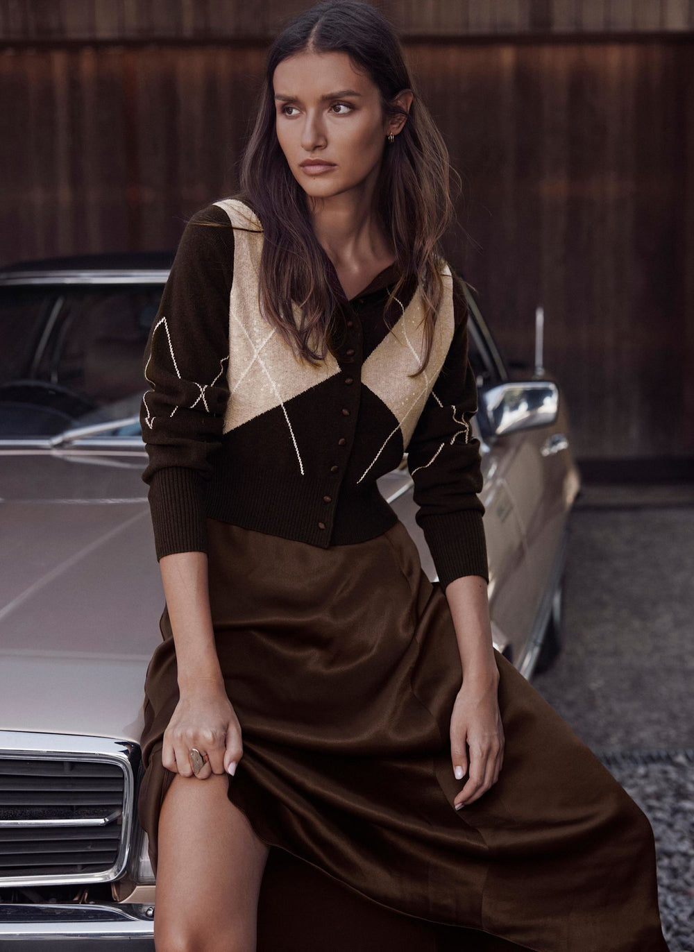 Brown Argyle Sequin 2-in-1 Midi Dress