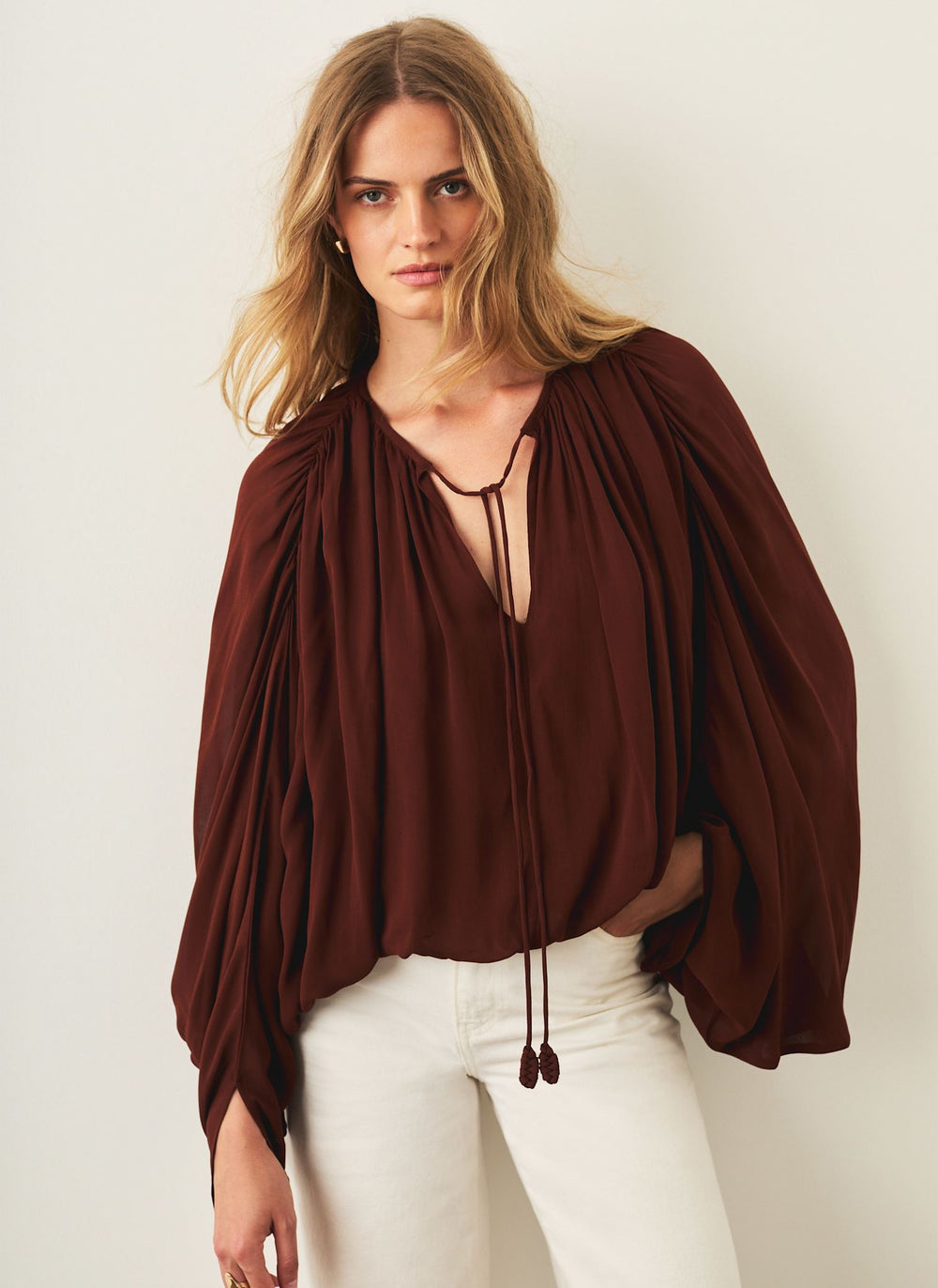 Brown Balloon Hem Blouse