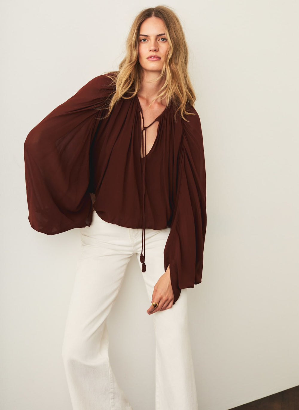 Brown Balloon Hem Blouse