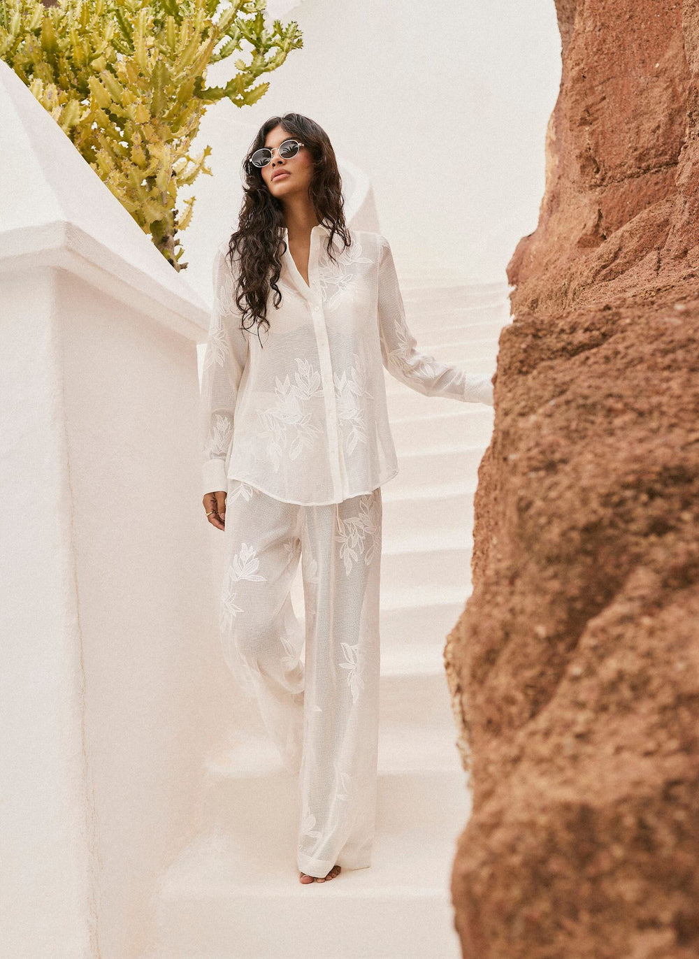 White Floral Detail Mesh Trousers
