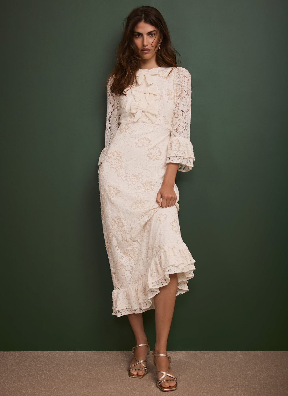 Cream Embellished Lace Midi Dress