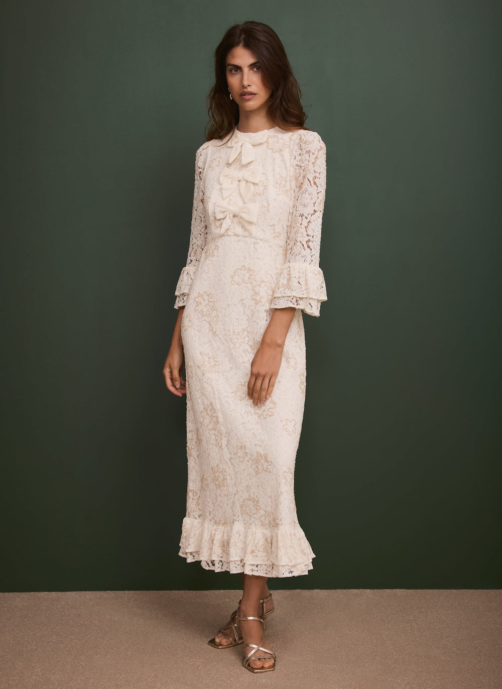 Cream Embellished Lace Midi Dress