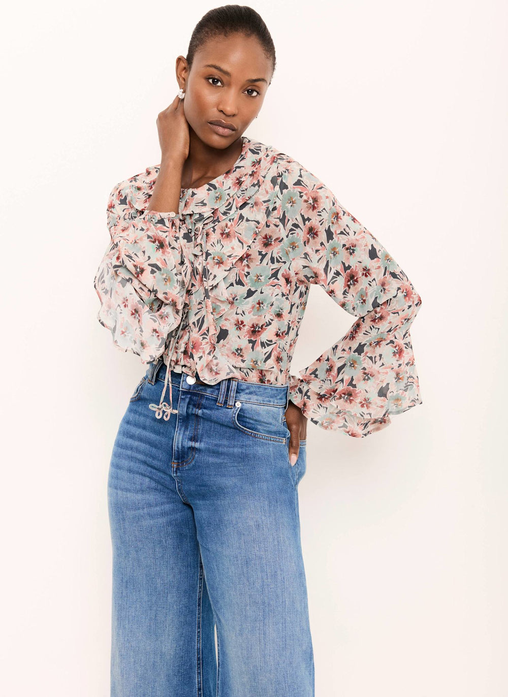 Green Floral Print Ruffle Blouse