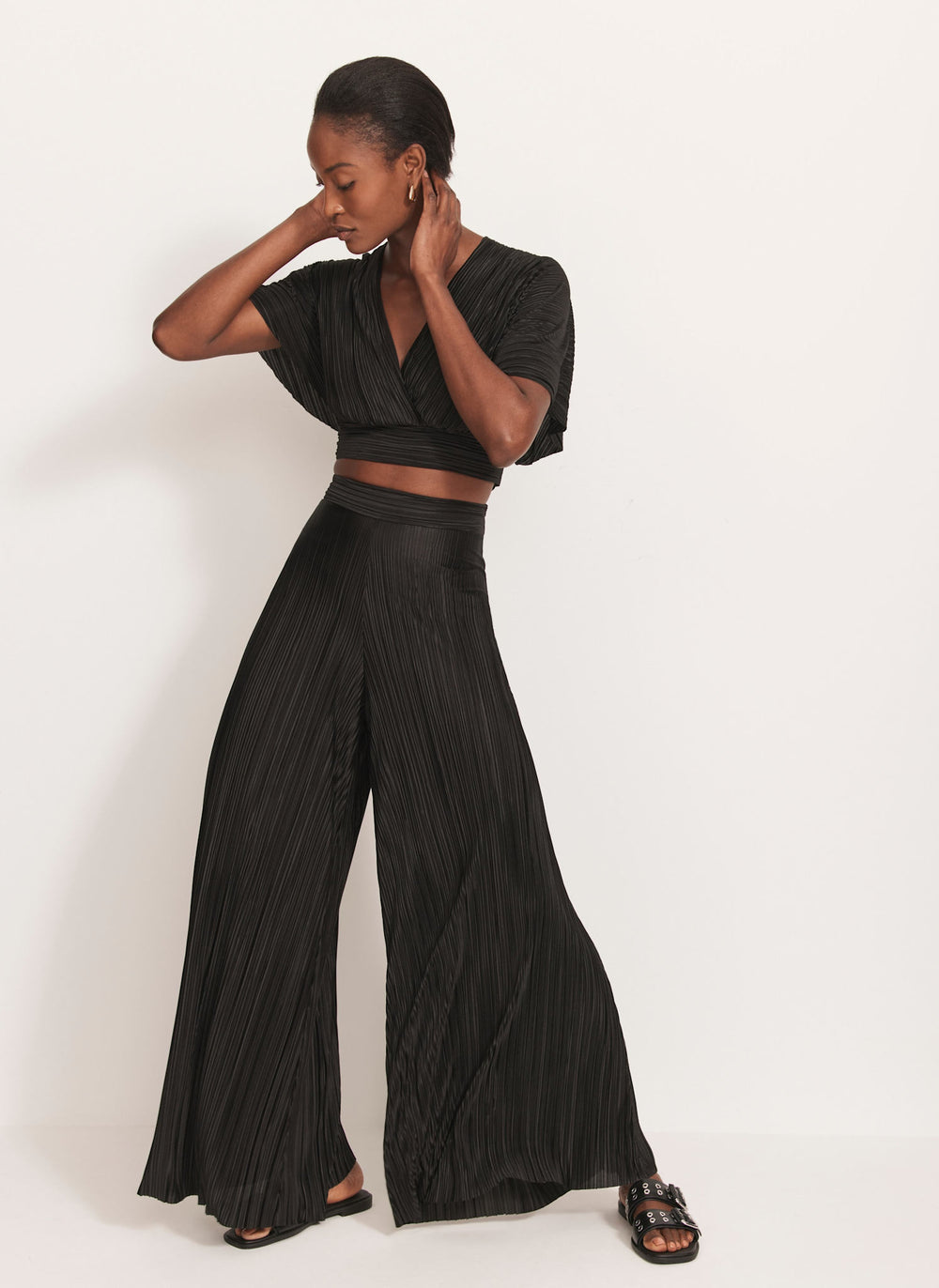 Black Plisse Top and Trouser Set