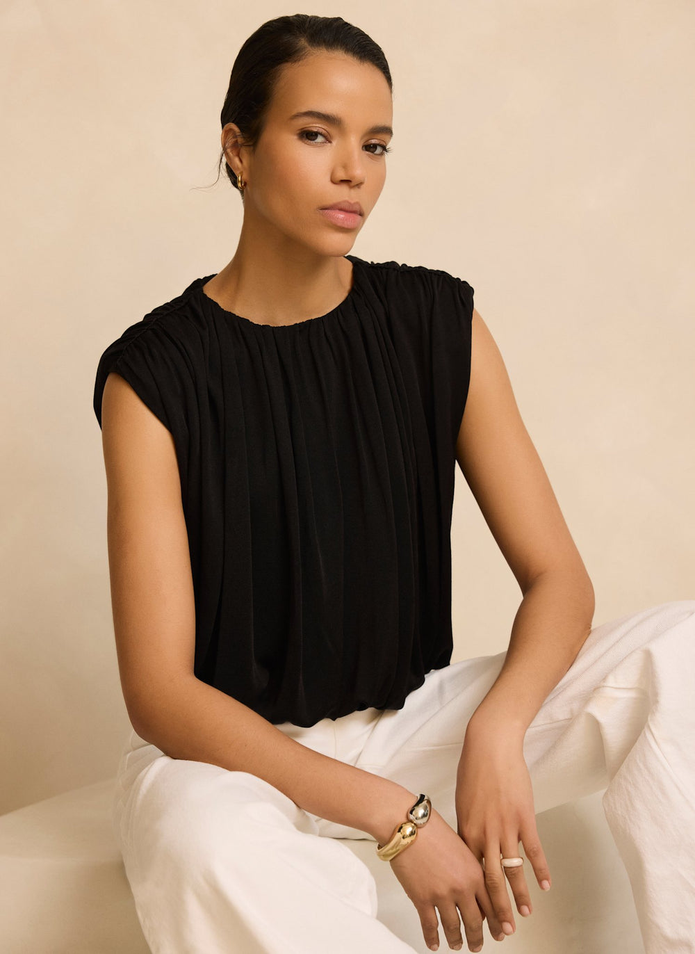 Black Pleated Bubble Hem Top