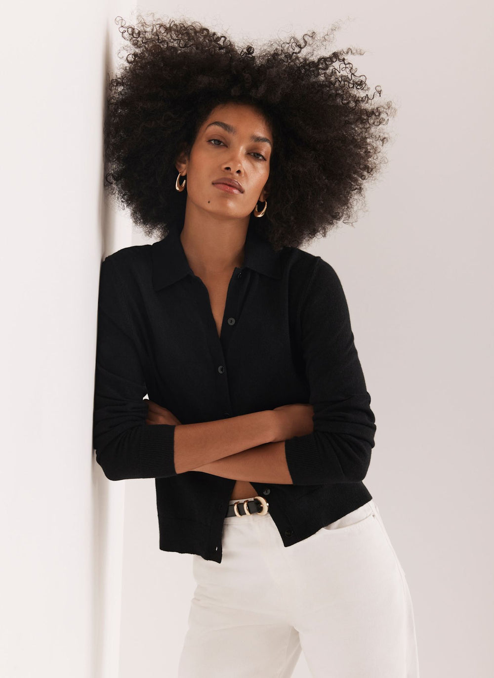 Black Cotton Blend Button Collar Cardigan