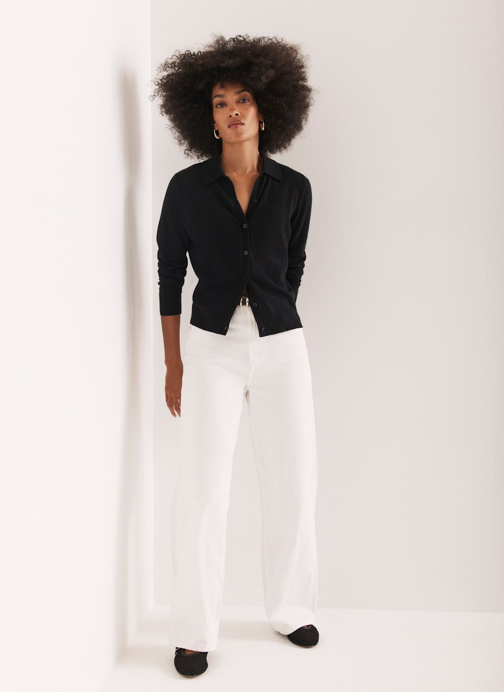 Black Cotton Blend Button Collar Cardigan