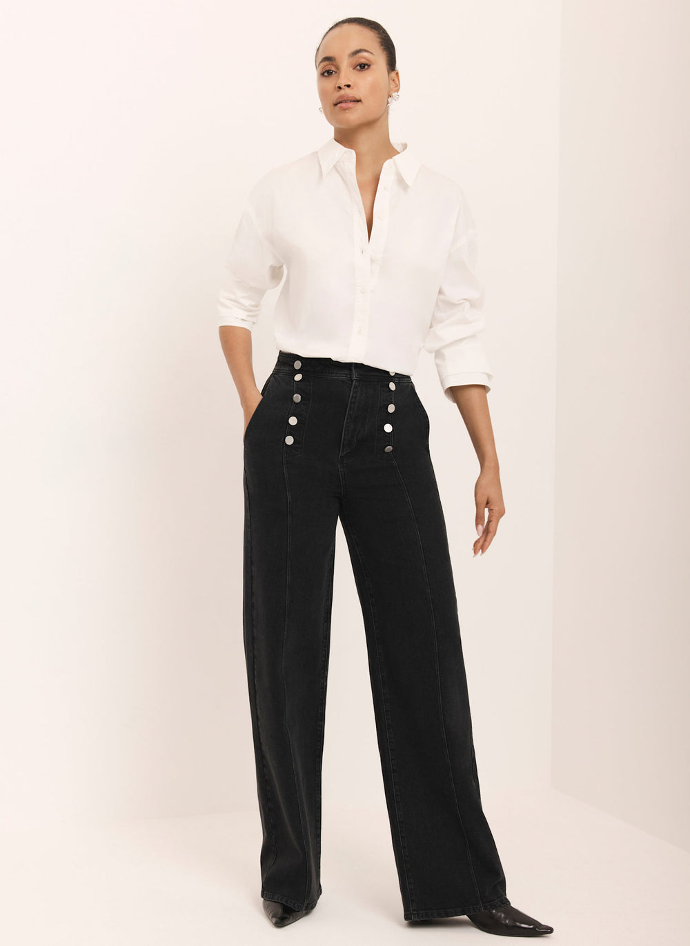 Black Button Detail Wide Jeans