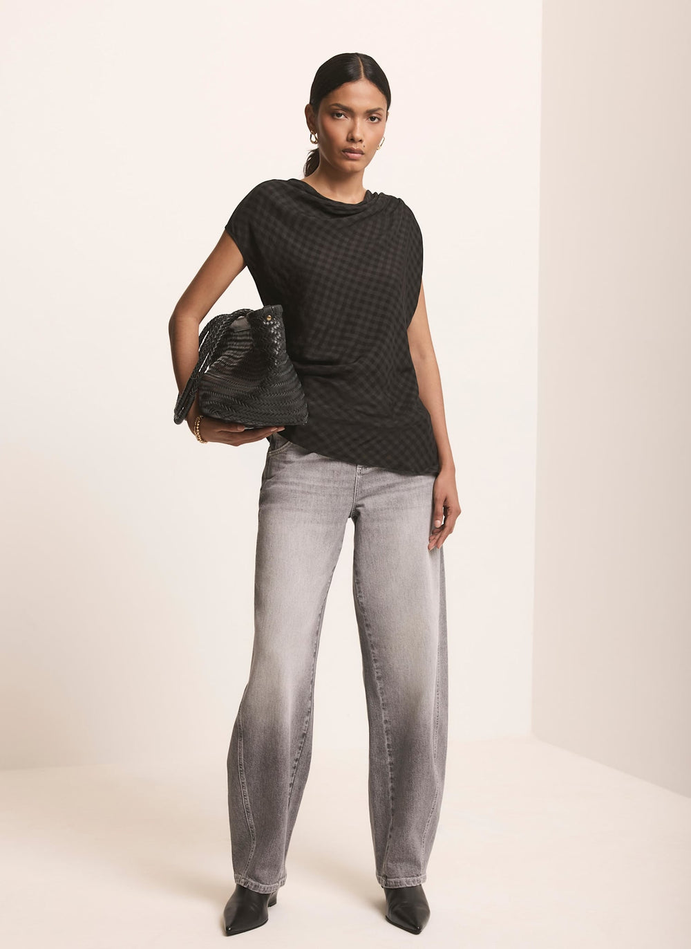 Black Checked Satin Drape Detail Top