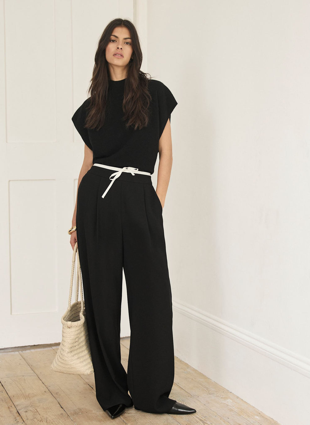 Black Contrast Waist Wide Leg Trousers